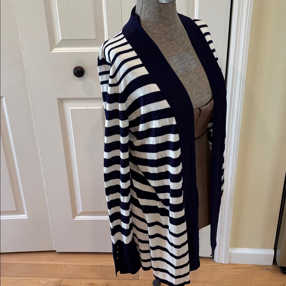 White House Black Market Navy and White Open Front Knit long Cardigan Sweater